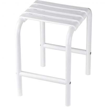 Shower stool, White polypropylene seat and white Epoxy-coated base, 335 x 385 x 485 mm, Ø 30 mm